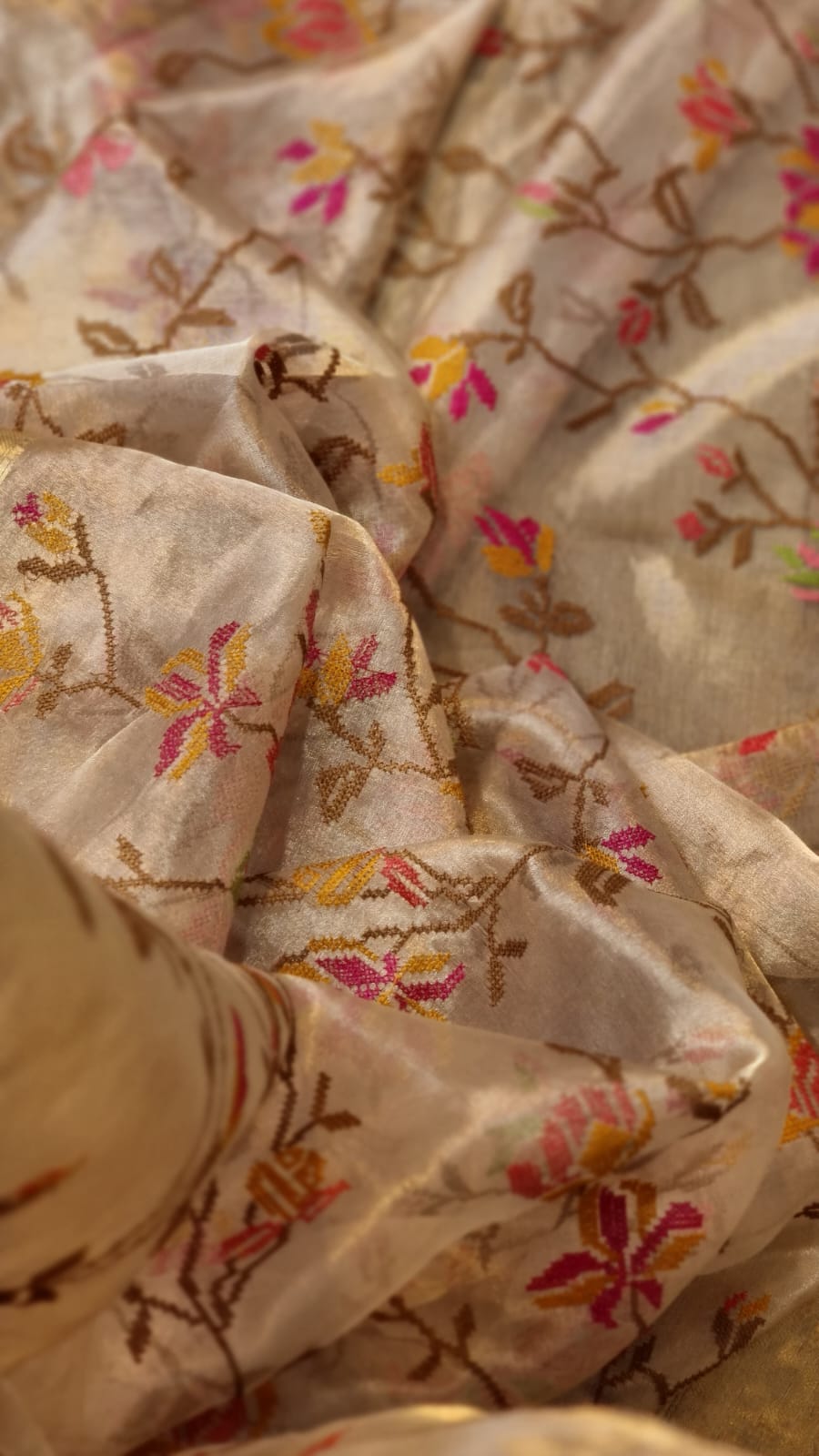 Embroidered tissue silk organza sari - Saffronfashionindia