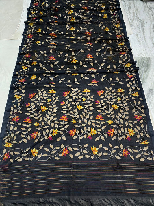 Muslin black tantuj jamdani saris - Saffronfashionindia
