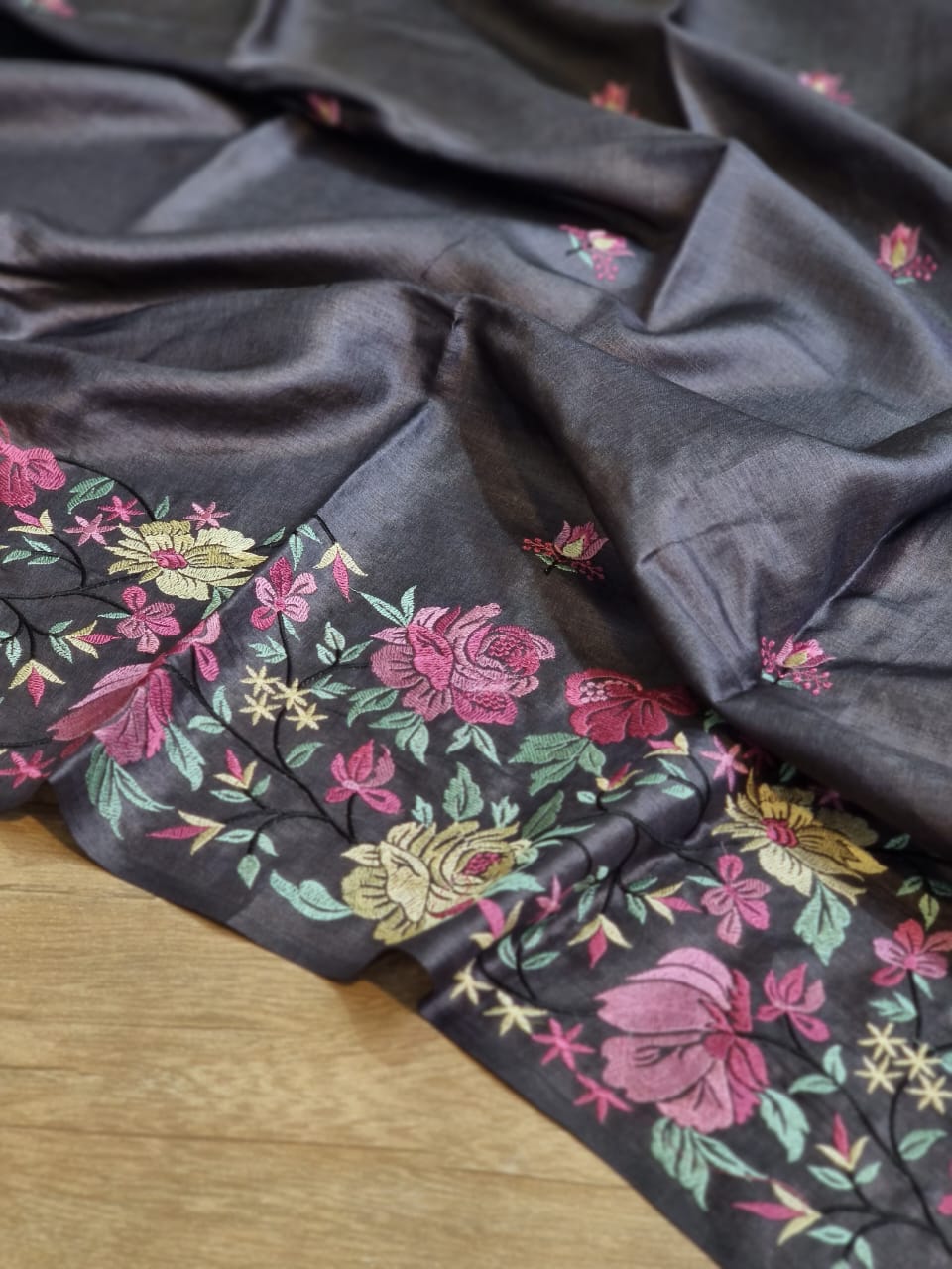 Black tussar silk embroidery saree - Saffronfashionindia