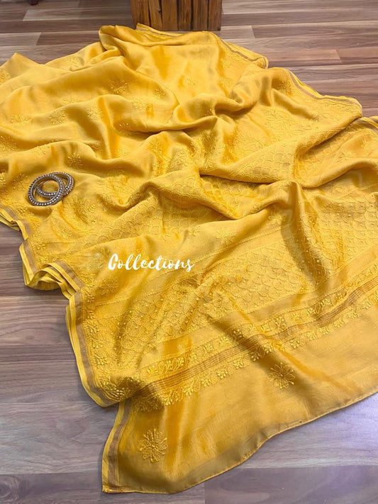 Daisy yellow Chikankari saree - Saffronfashionindia