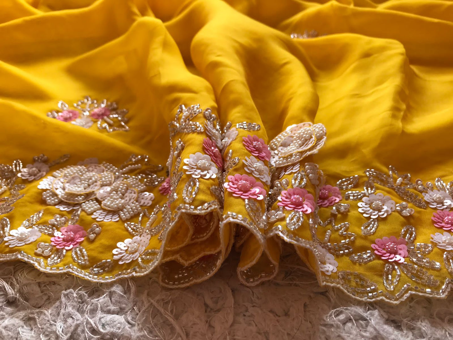 Sushi yellow organza partywear sari - Saffronfashionindia