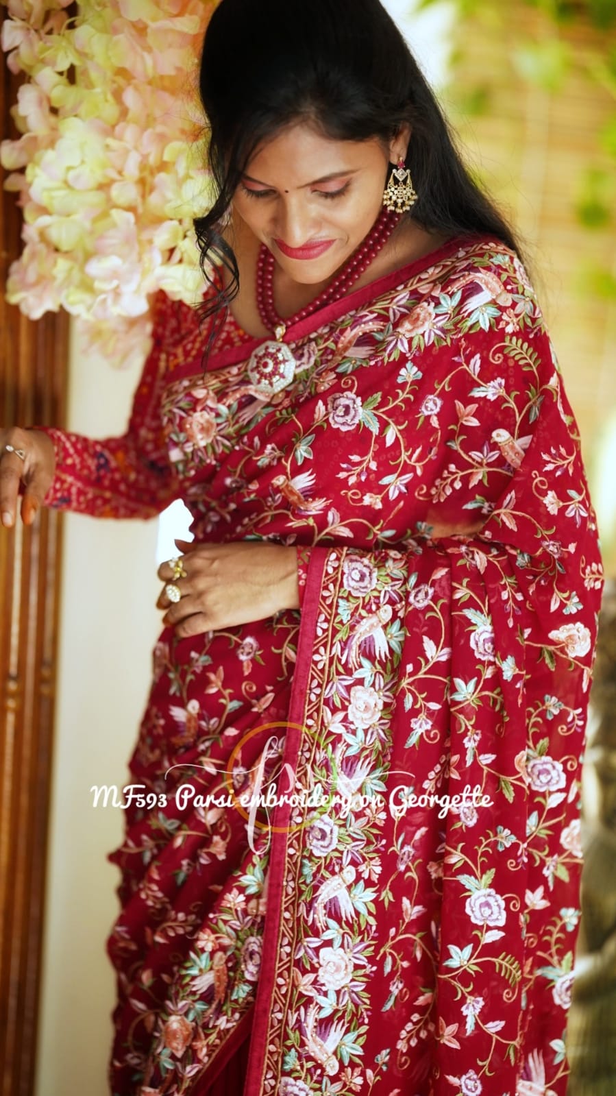 Leela red Parsi inspired saree - Saffronfashionindia