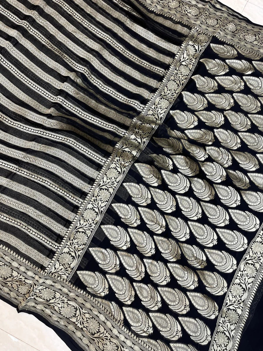 Striped Khaddi gorgette black saree - Saffronfashionindia