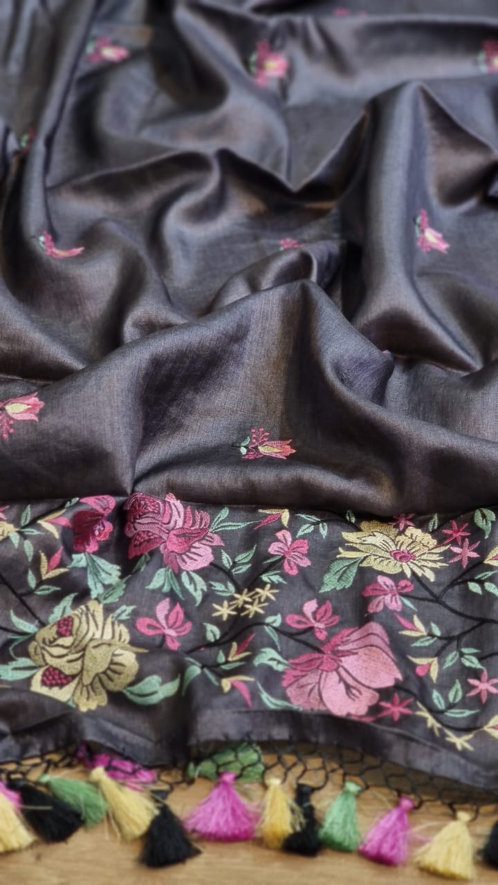 Black tussar silk embroidery saree - Saffronfashionindia