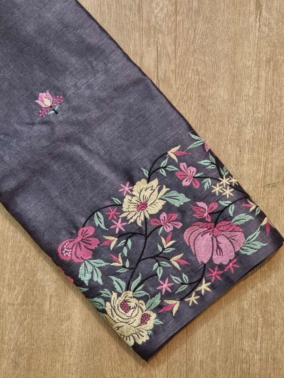 Black tussar silk embroidery saree - Saffronfashionindia