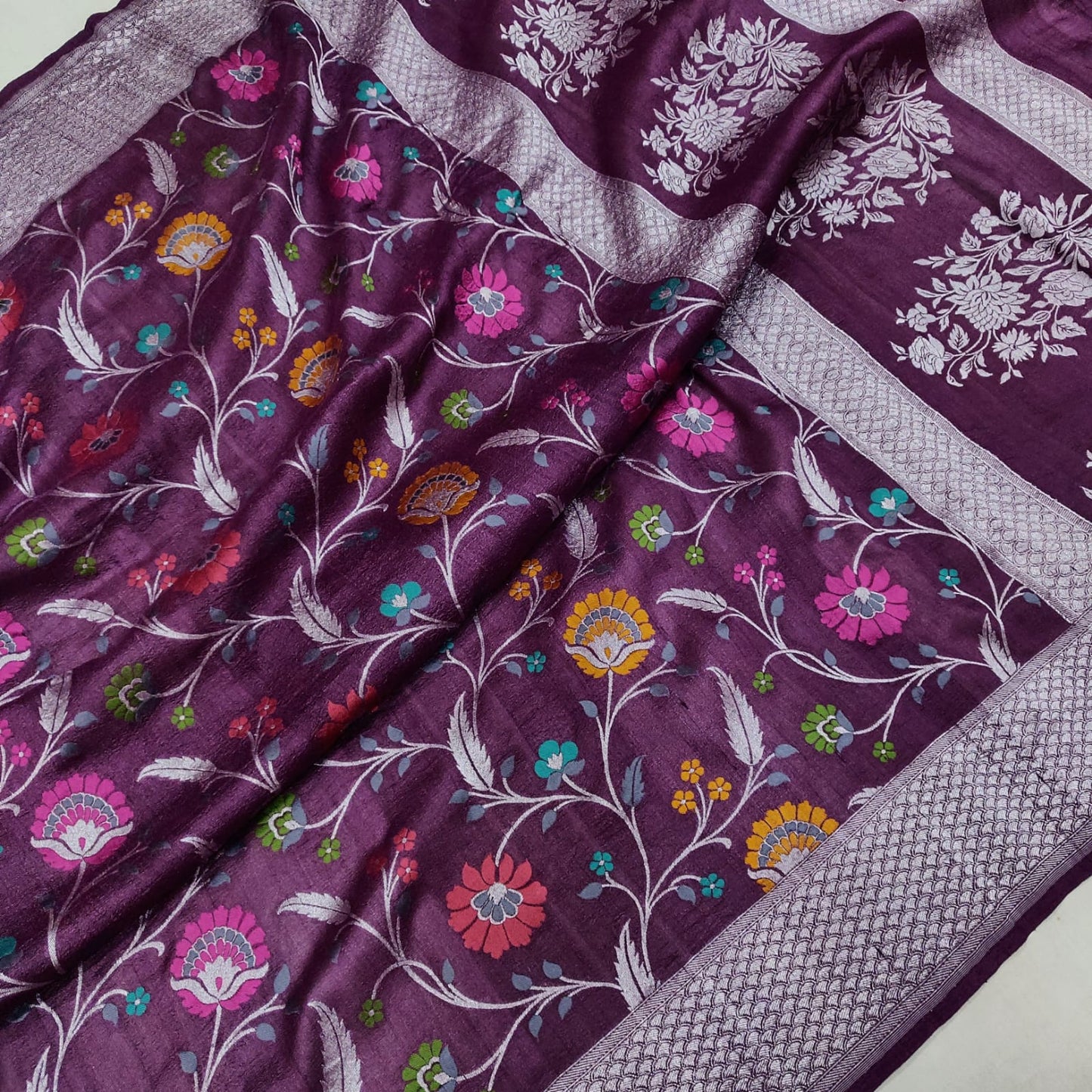 Floral bagicha inspired handwoven tussar saree - Saffronfashionindia
