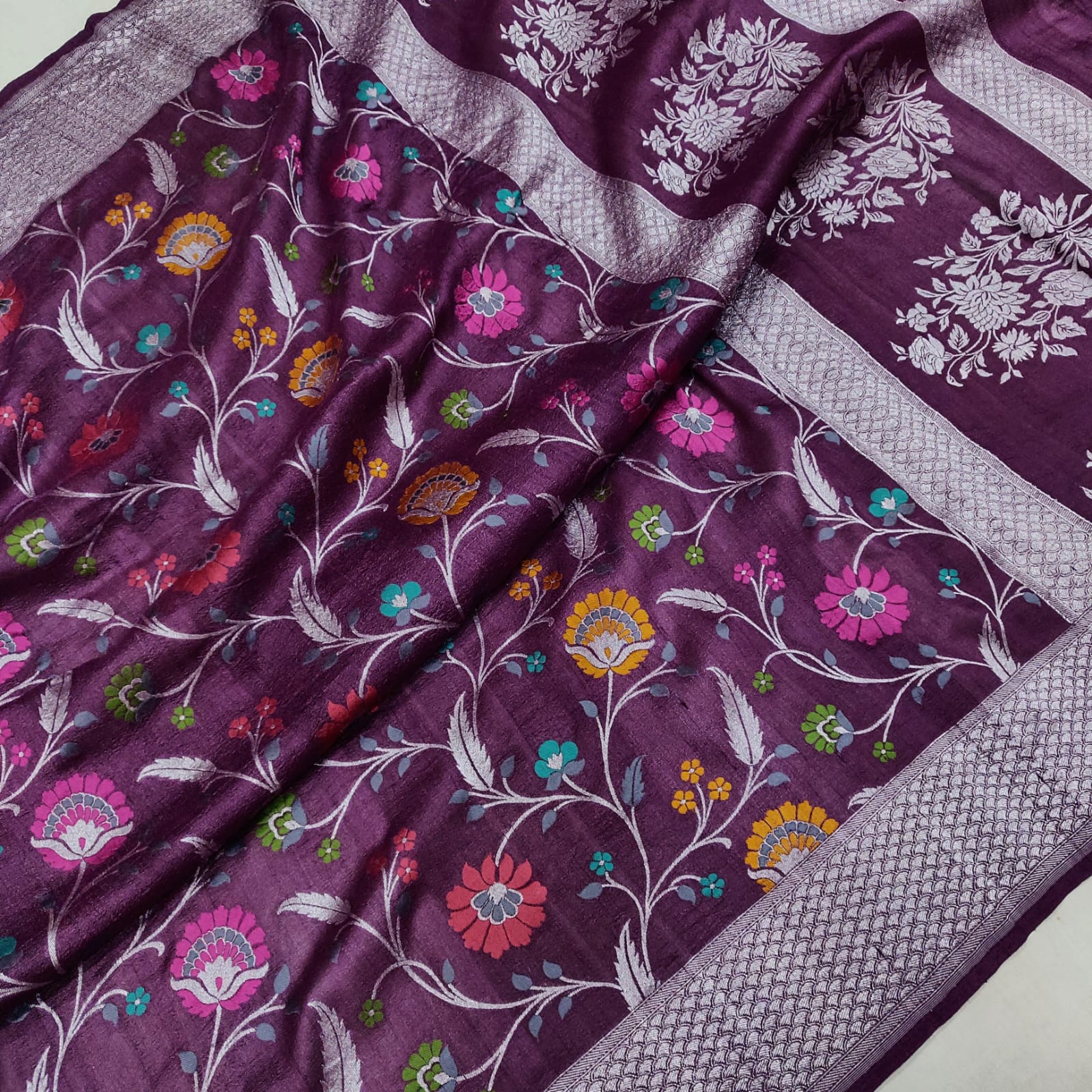 Floral bagicha inspired handwoven tussar saree - Saffronfashionindia