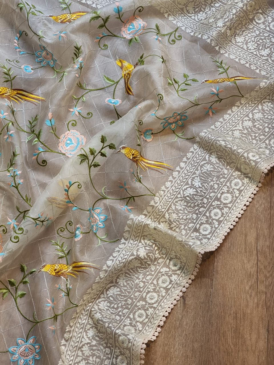 Organza silk Parsi embroidered sari - Saffronfashionindia