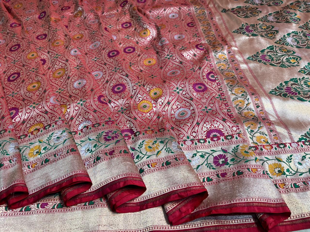 Brocade Banarsi Meenakari saree SaffronFashion