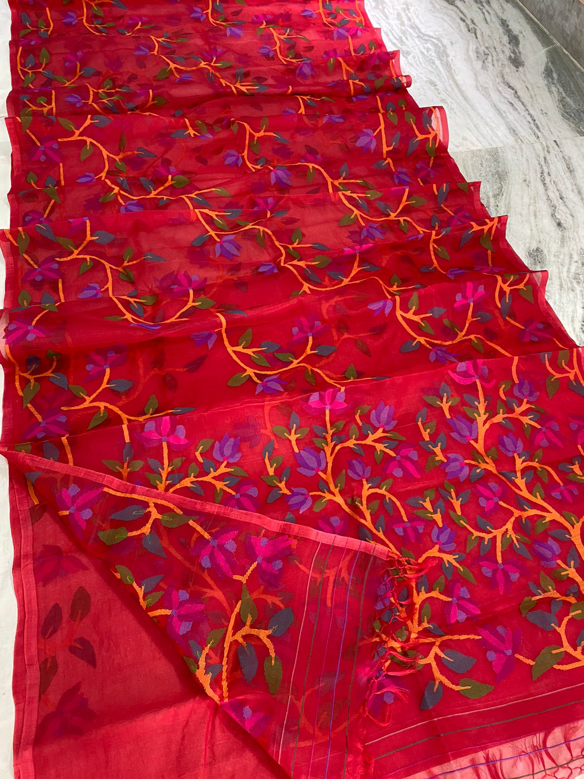 Red tantuj muslin jamdani saree - Saffronfashionindia
