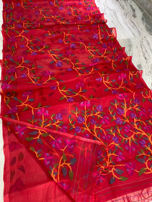 Red tantuj muslin jamdani saree - Saffronfashionindia