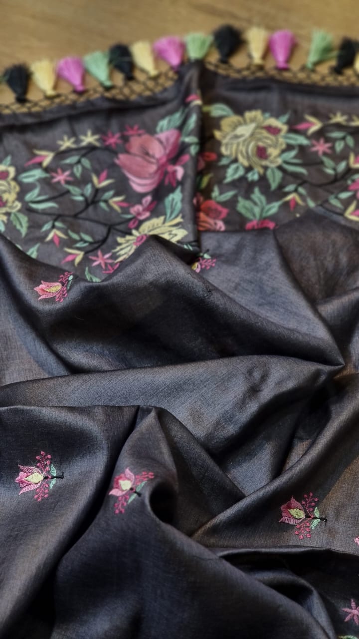 Black tussar silk embroidery saree - Saffronfashionindia