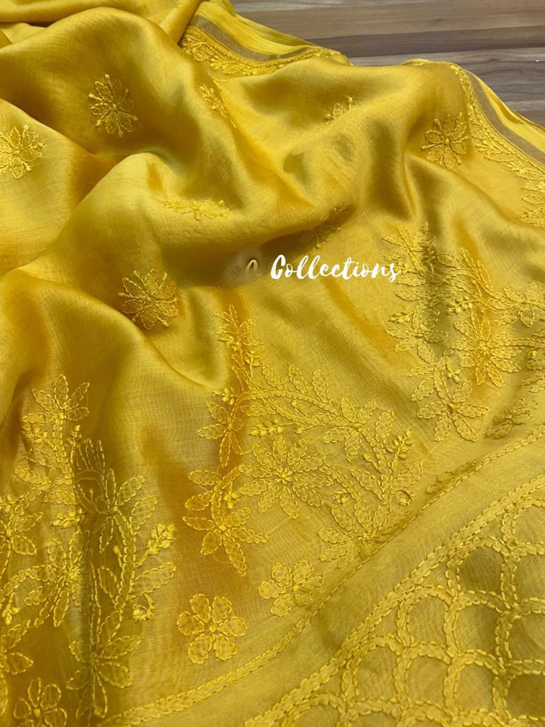 Daisy yellow Chikankari saree - Saffronfashionindia
