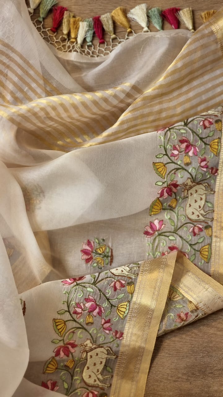 Pichwai based organza Silk saree - Saffronfashionindia