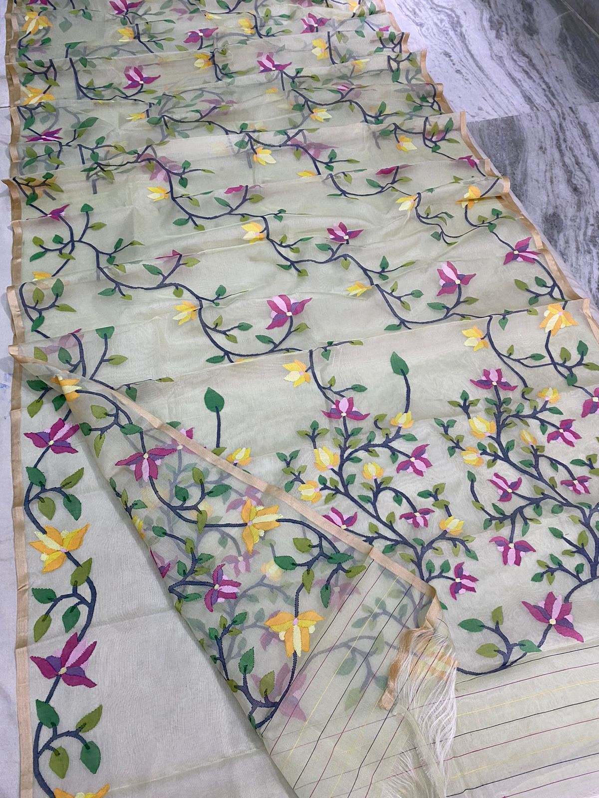 Marigold tantuj muslin jamdani saree - Saffronfashionindia