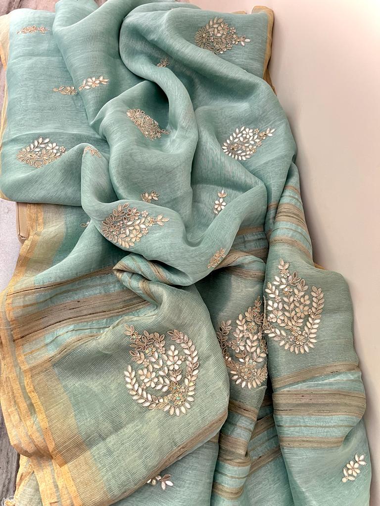 Linen gottapatti zardosi checks saree women saree Indian sari - Saffronfashionindia