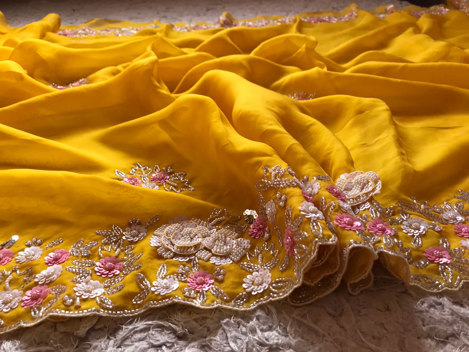 Sushi yellow organza partywear sari - Saffronfashionindia