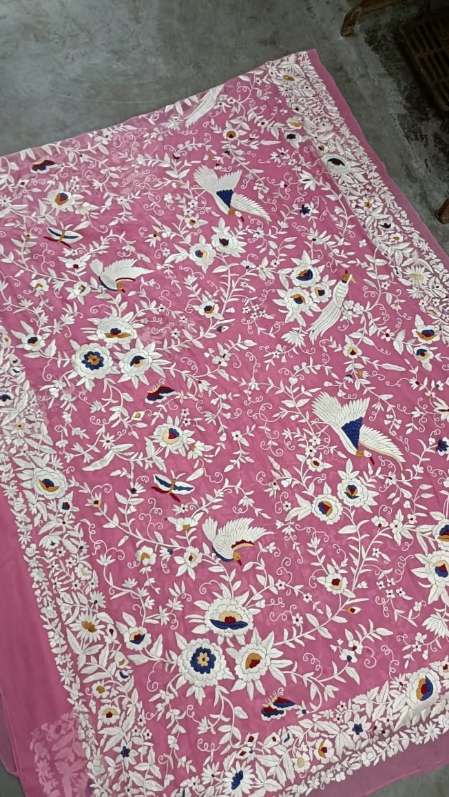 Suhana pink gorgette Parsi gara saree - Saffronfashionindia