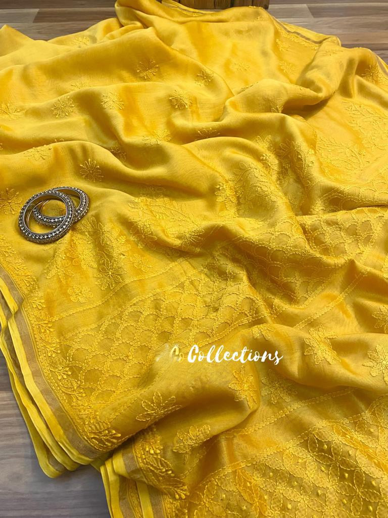Daisy yellow Chikankari saree - Saffronfashionindia