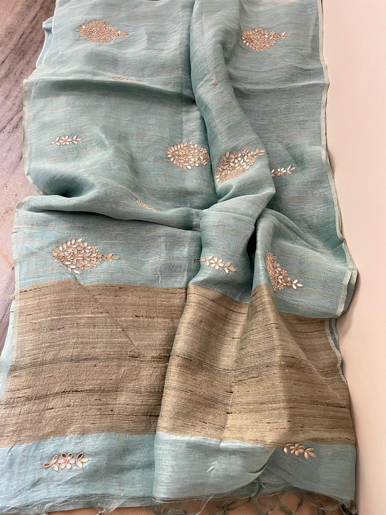 Linen gottapatti zardosi saree SaffronFashion