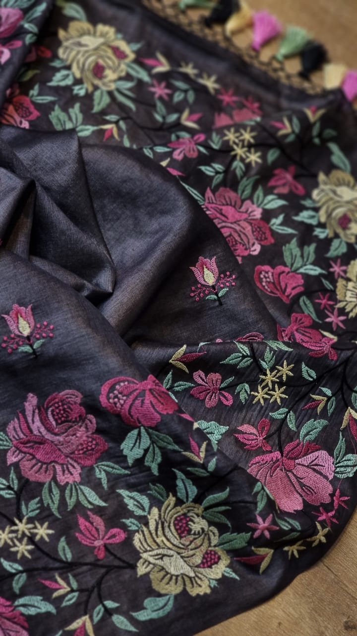 Black tussar silk embroidery saree - Saffronfashionindia