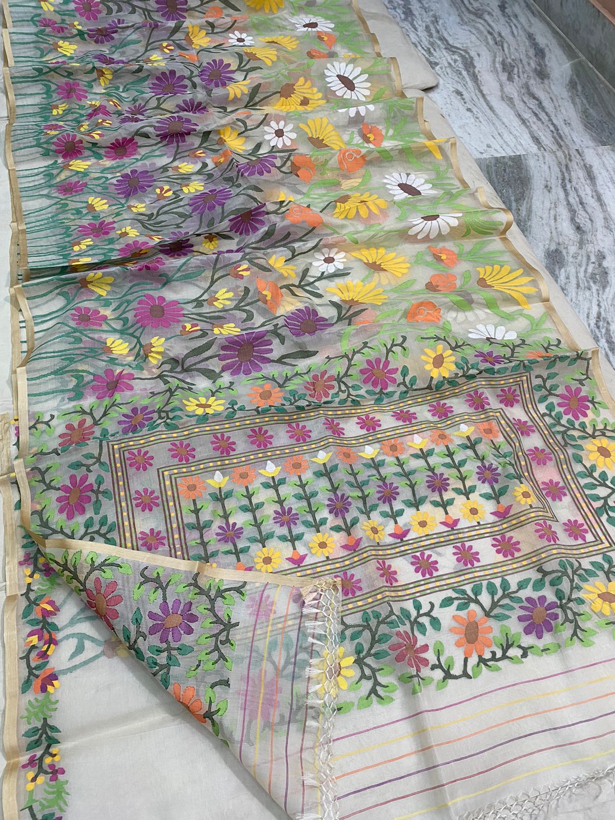 Rupashi tantuj muslin jamdani saree - Saffronfashionindia