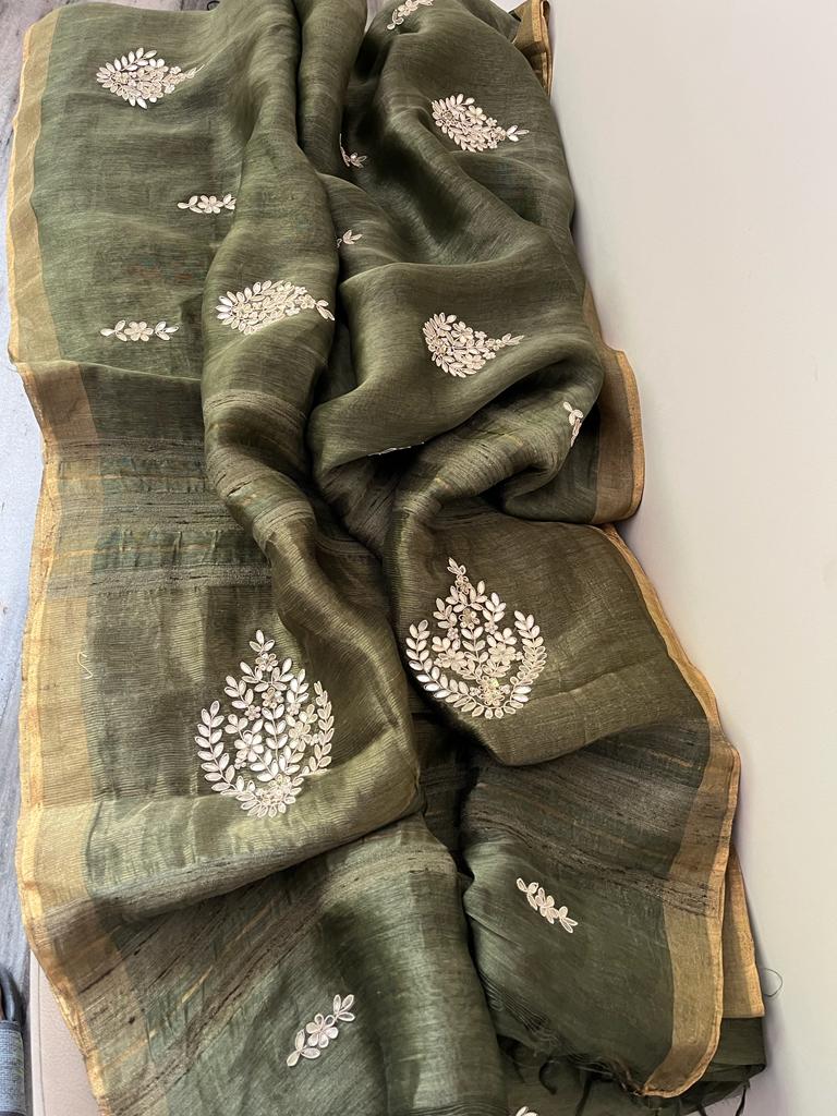 Linen gottapatti zardosi checks saree women saree Indian sari - Saffronfashionindia
