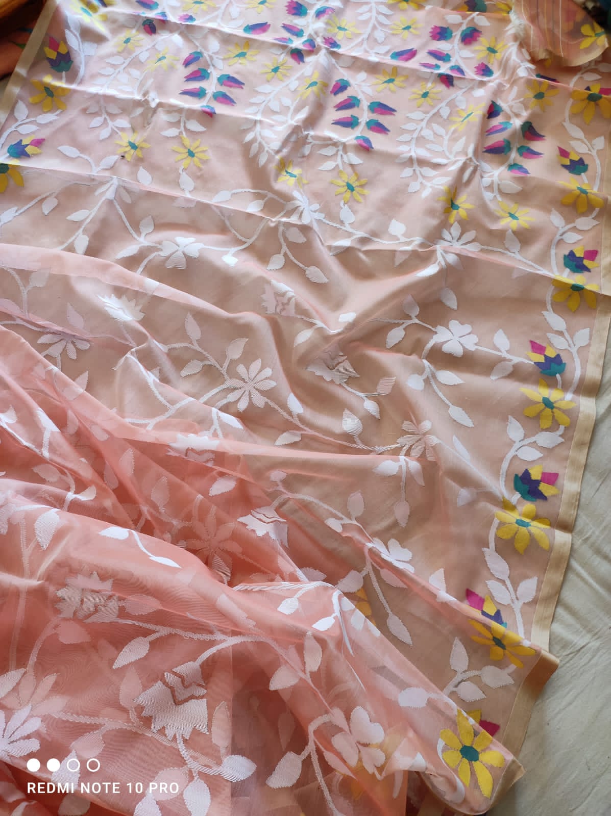 Peachy muslin jamdani saree - Saffronfashionindia