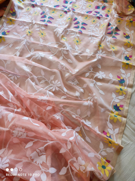 Peachy muslin jamdani saree - Saffronfashionindia