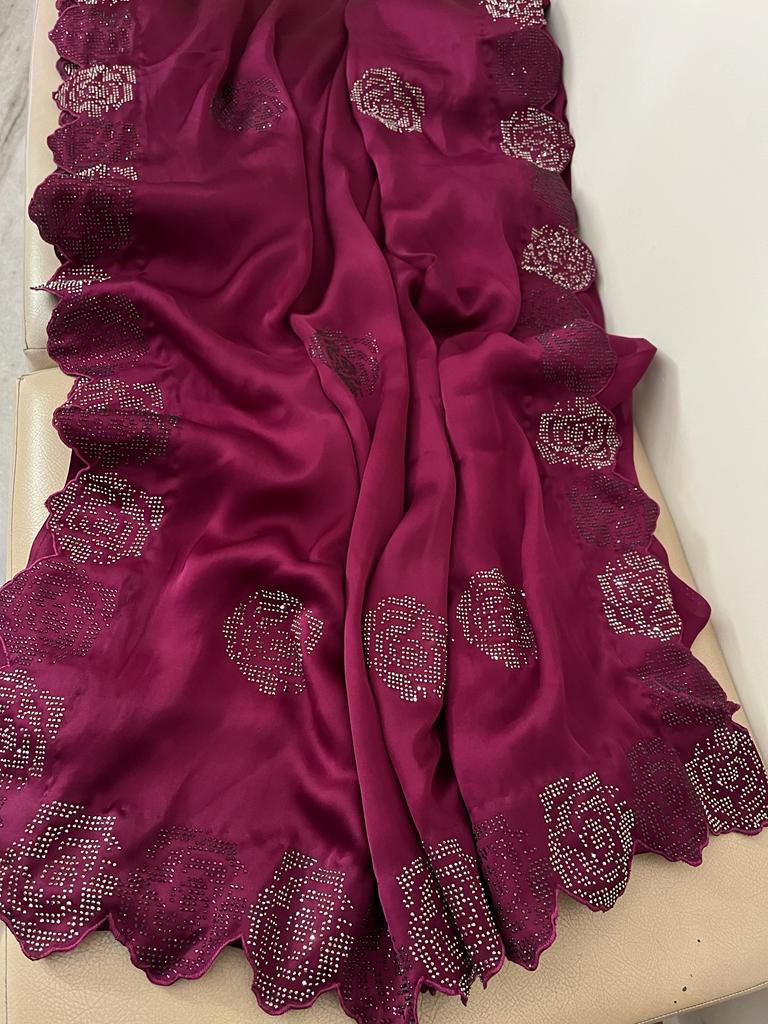 Rose inspired satin swarosvki sari - Saffronfashionindia