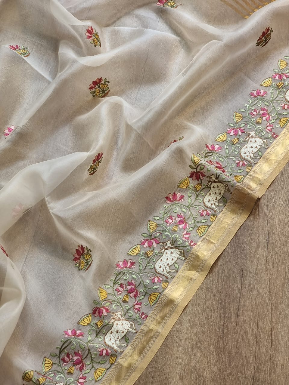 Pichwai based organza Silk saree - Saffronfashionindia