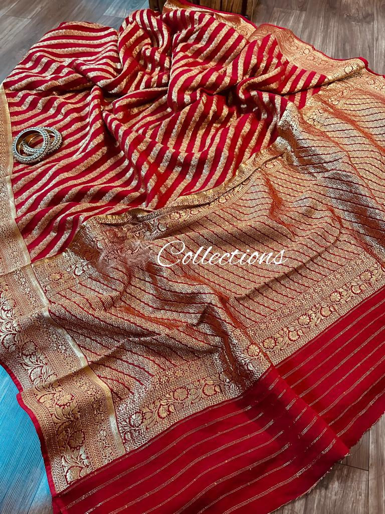 Rosy Banarsi gorgette beautiful sari - Saffronfashionindia