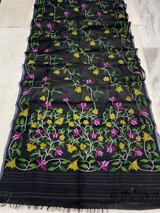 Floral muslin tantuj jamdani saree - Saffronfashionindia