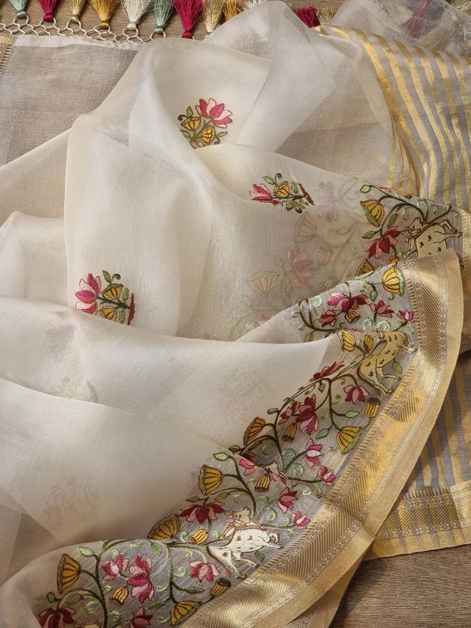Pichwai based organza Silk saree - Saffronfashionindia
