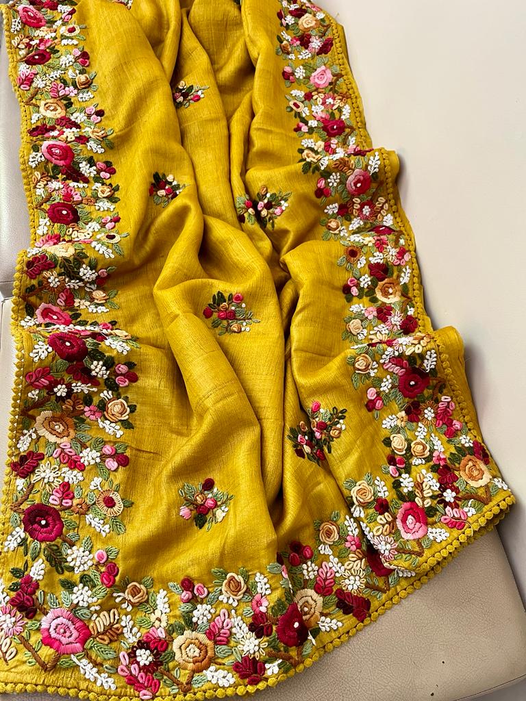 Tussar French knot inspired saree Saffronfashion