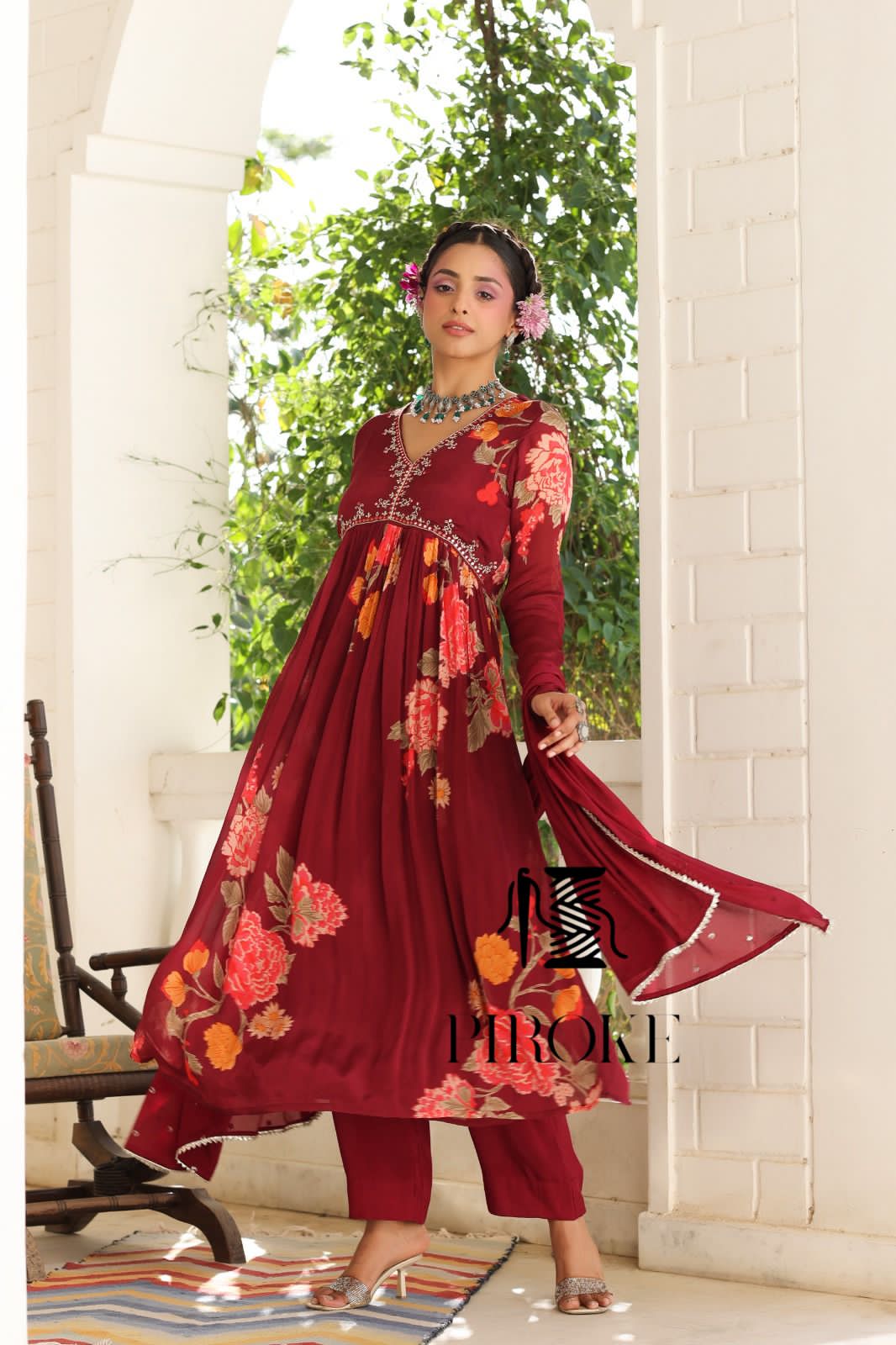 Maroon floral dress salwar kameez - Saffronfashionindia