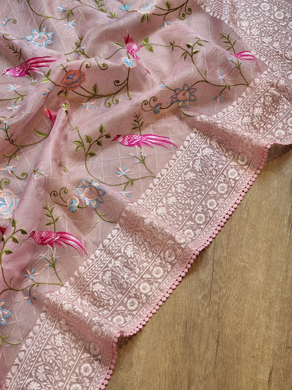 Organza silk Parsi embroidered sari - Saffronfashionindia