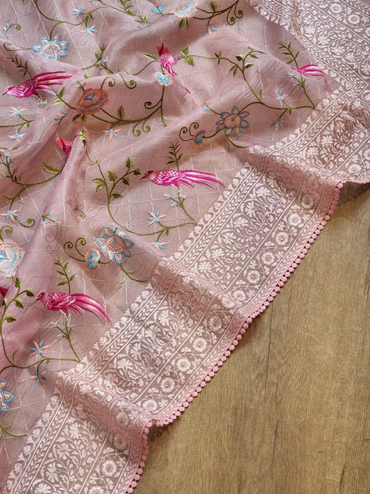 Organza silk Parsi embroidered sari - Saffronfashionindia