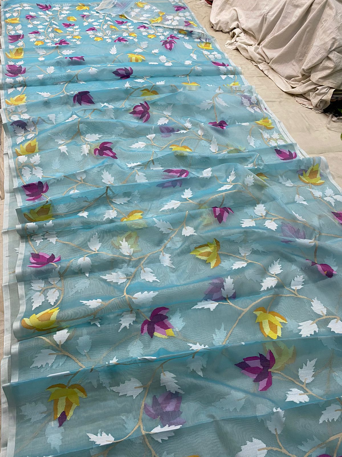 Aqua muslin tantuj jamdani saree - Saffronfashionindia