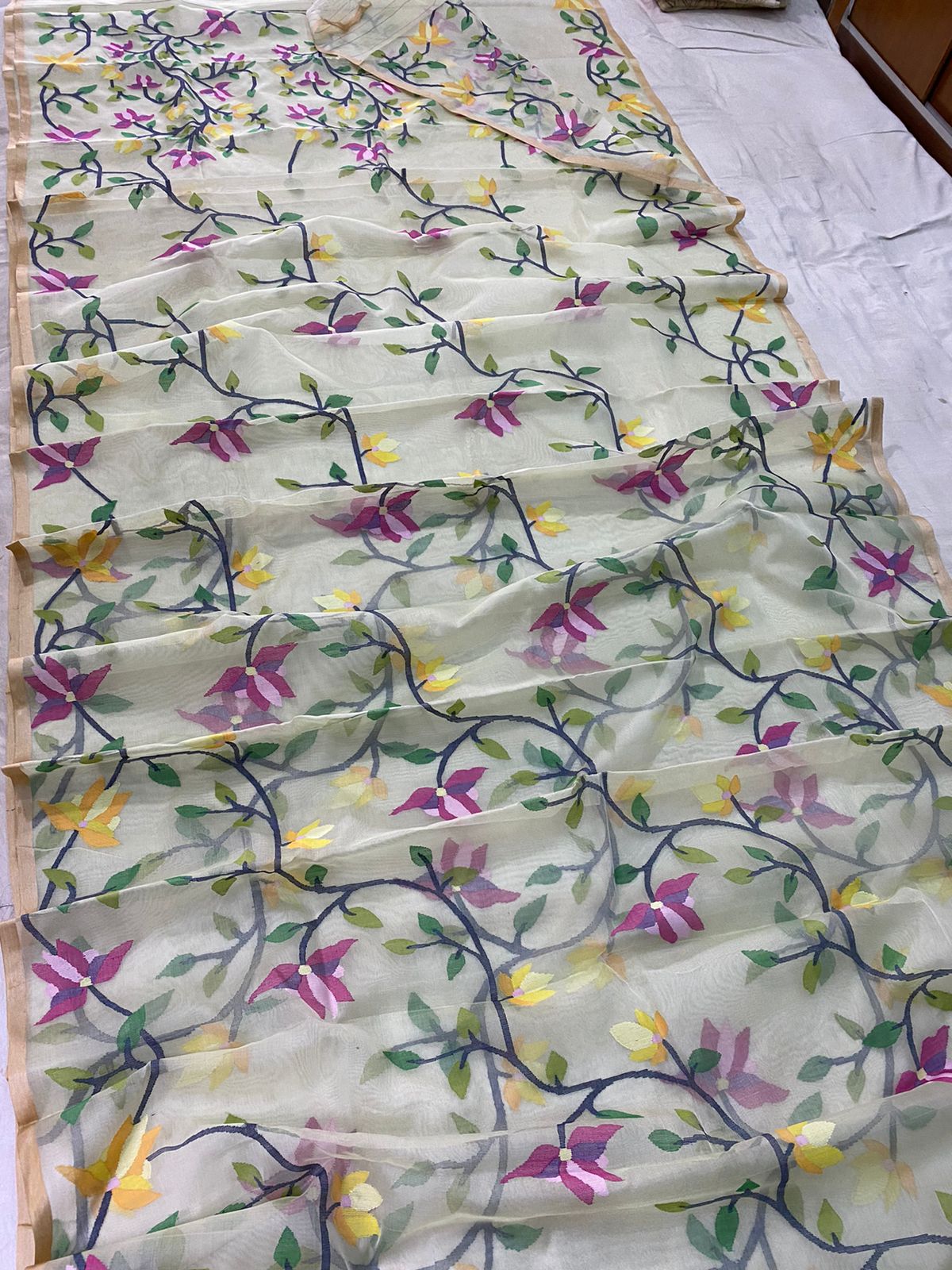 Marigold tantuj muslin jamdani saree - Saffronfashionindia