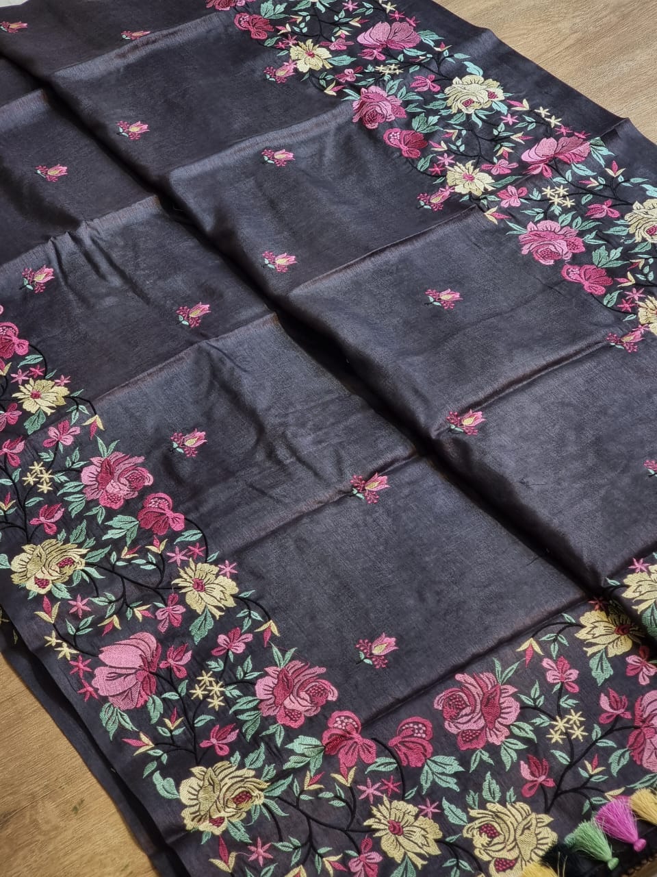 Black tussar silk embroidery saree