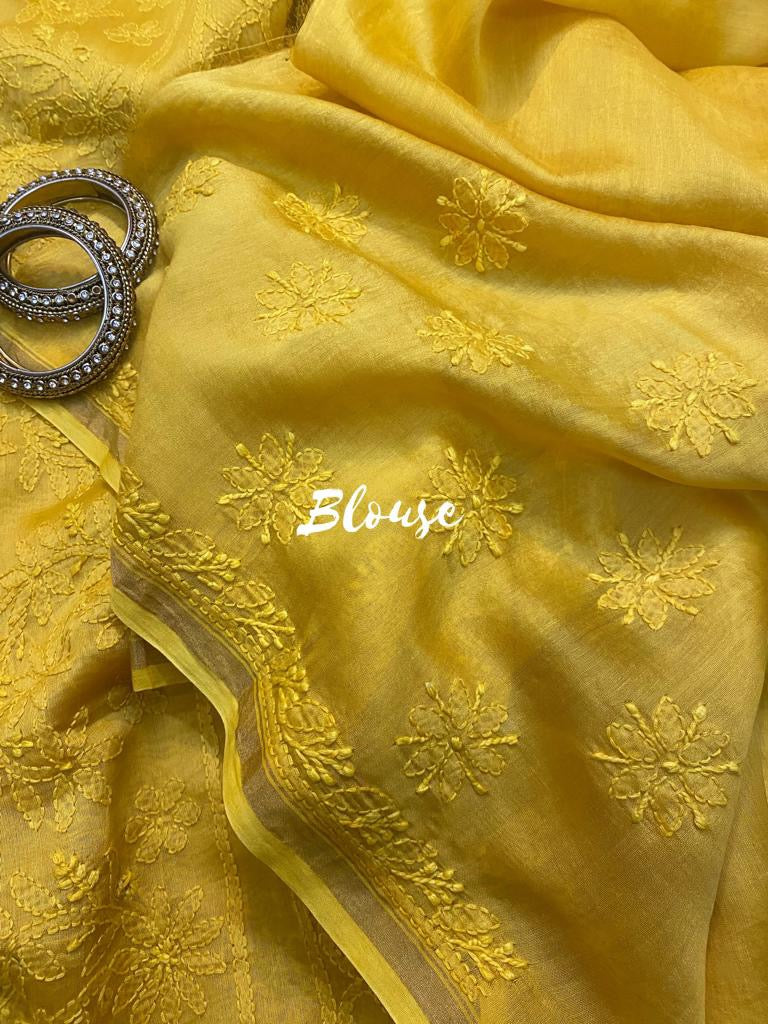 Daisy yellow Chikankari saree - Saffronfashionindia