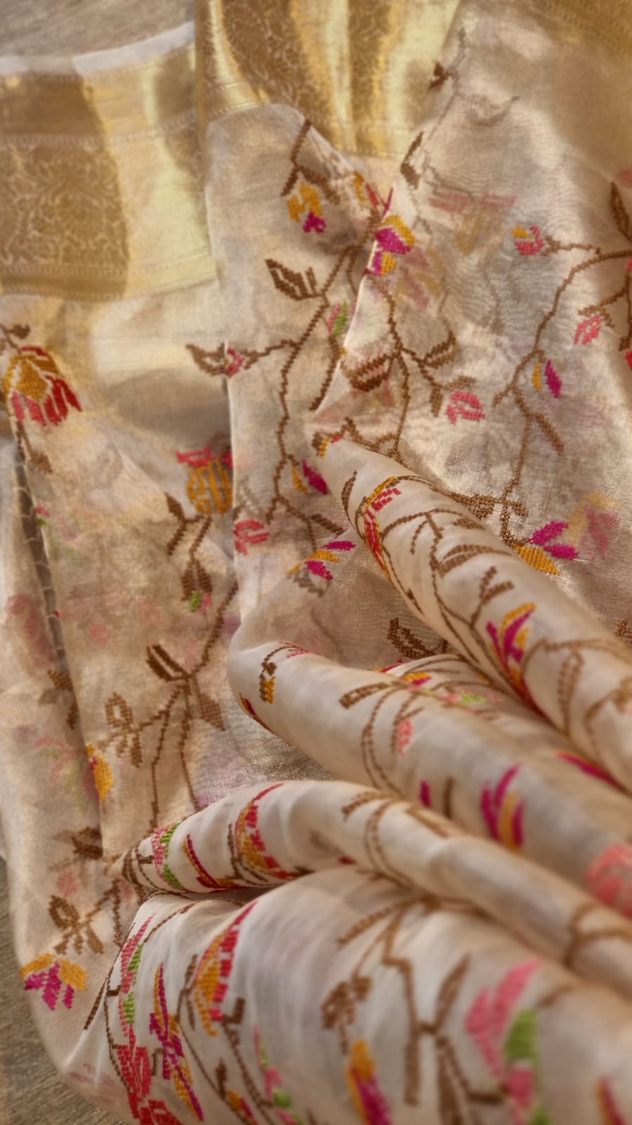 Embroidered tissue silk organza sari - Saffronfashionindia