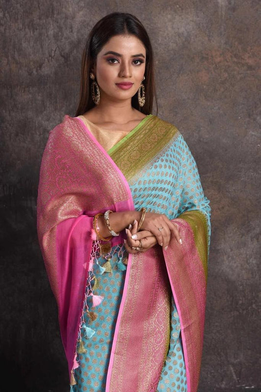 Esabelle khaddi gorgette Banarsi sari - Saffronfashionindia