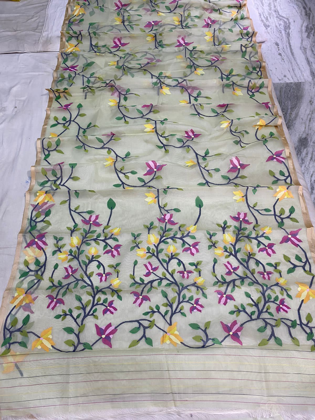 Marigold tantuj muslin jamdani saree - Saffronfashionindia