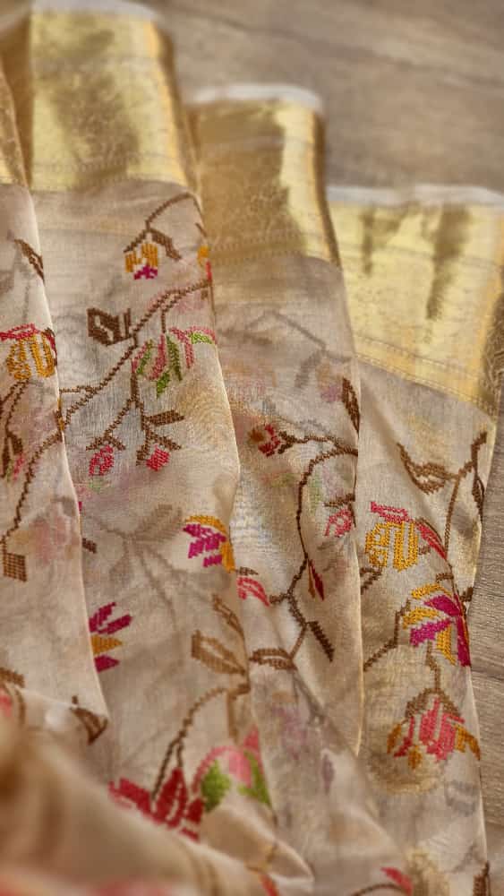 Embroidered tissue silk organza sari - Saffronfashionindia
