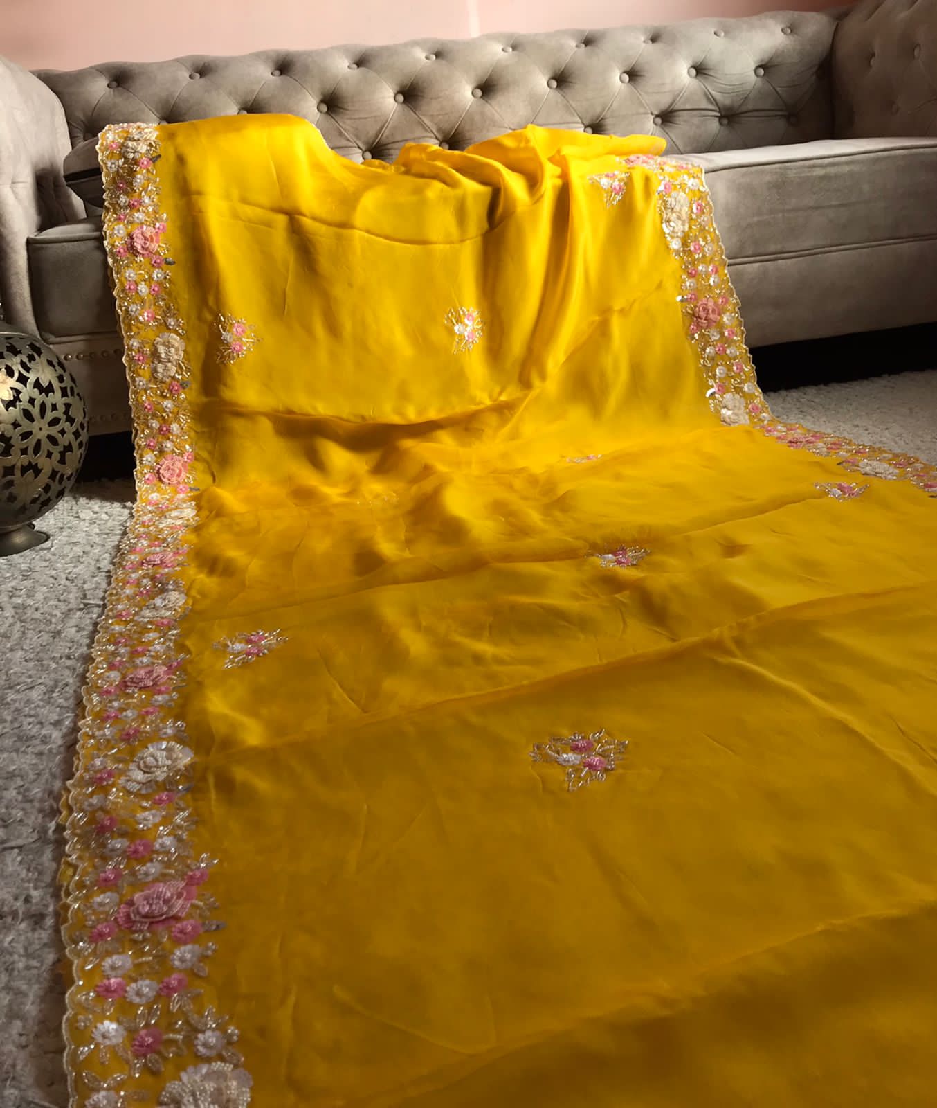 Sushi yellow organza partywear sari - Saffronfashionindia