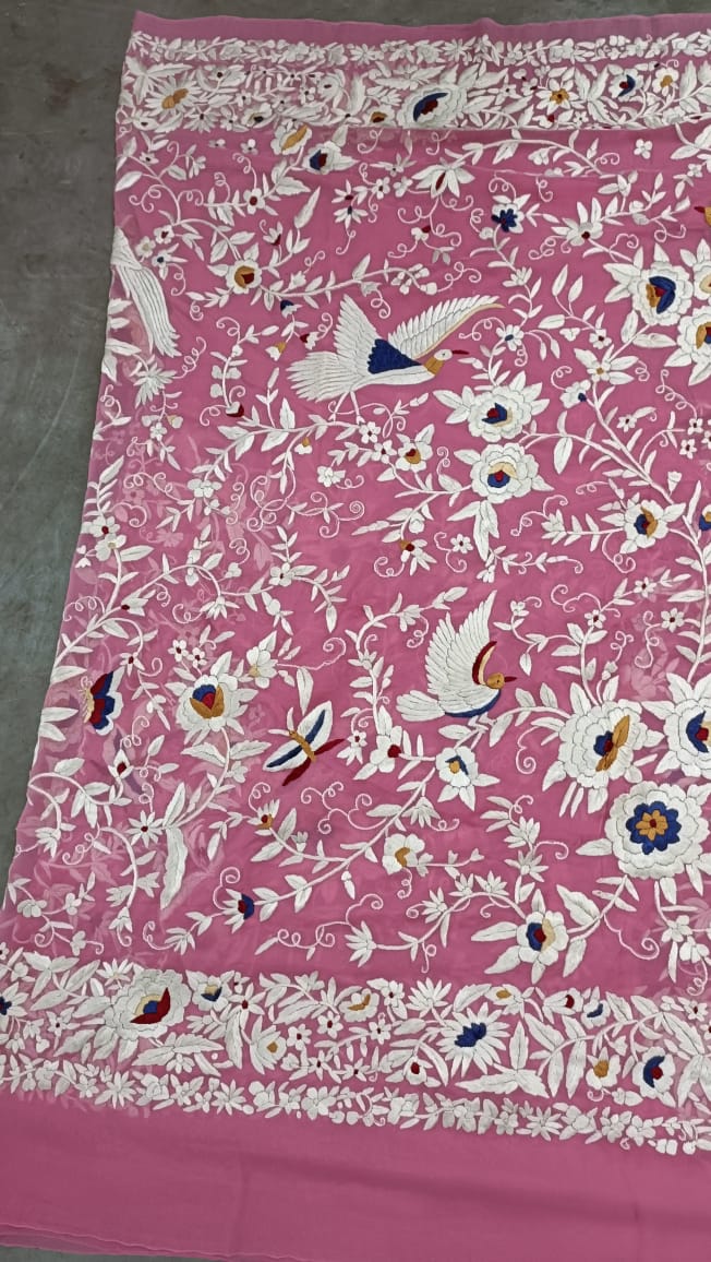 Suhana pink gorgette Parsi gara saree - Saffronfashionindia