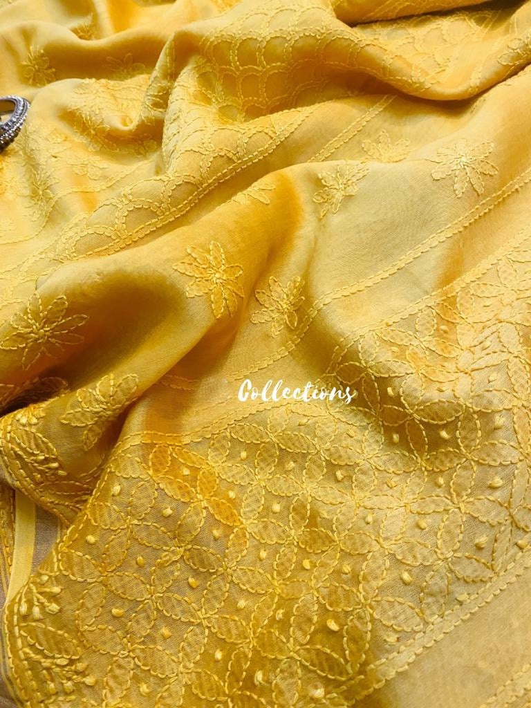 Daisy yellow Chikankari saree - Saffronfashionindia