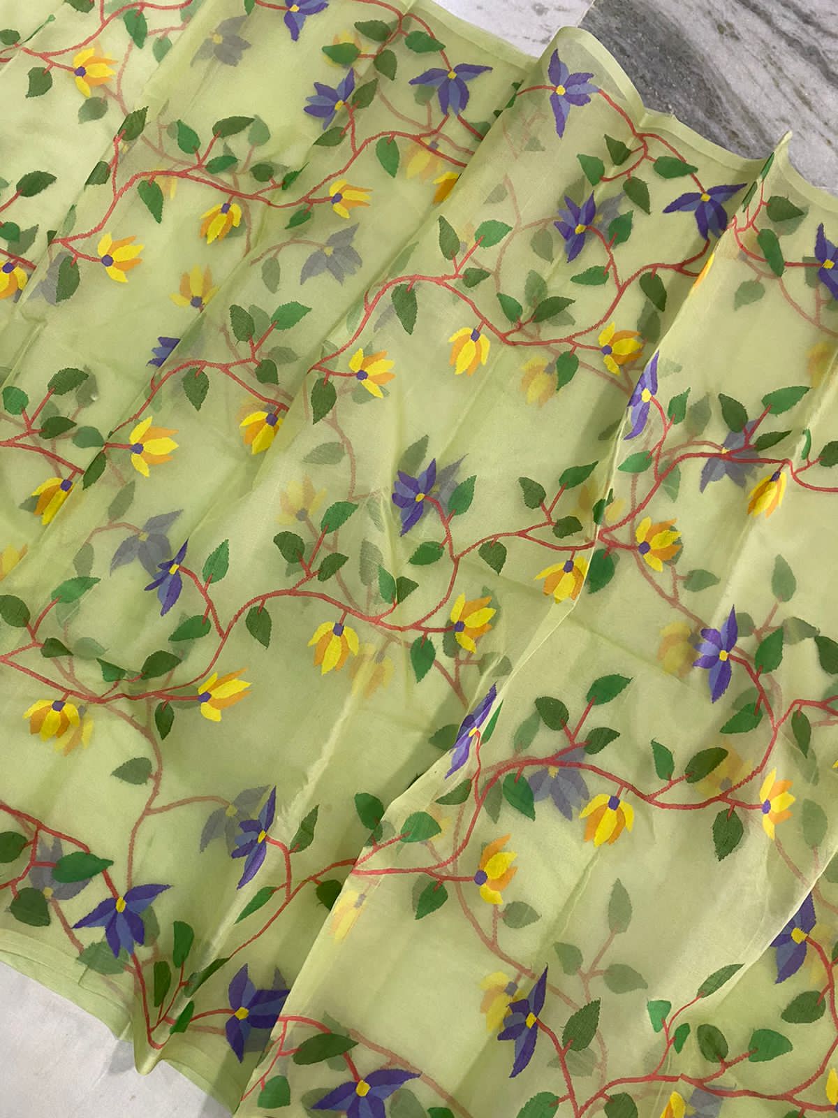 Marigold tantuj muslin jamdani saree - Saffronfashionindia